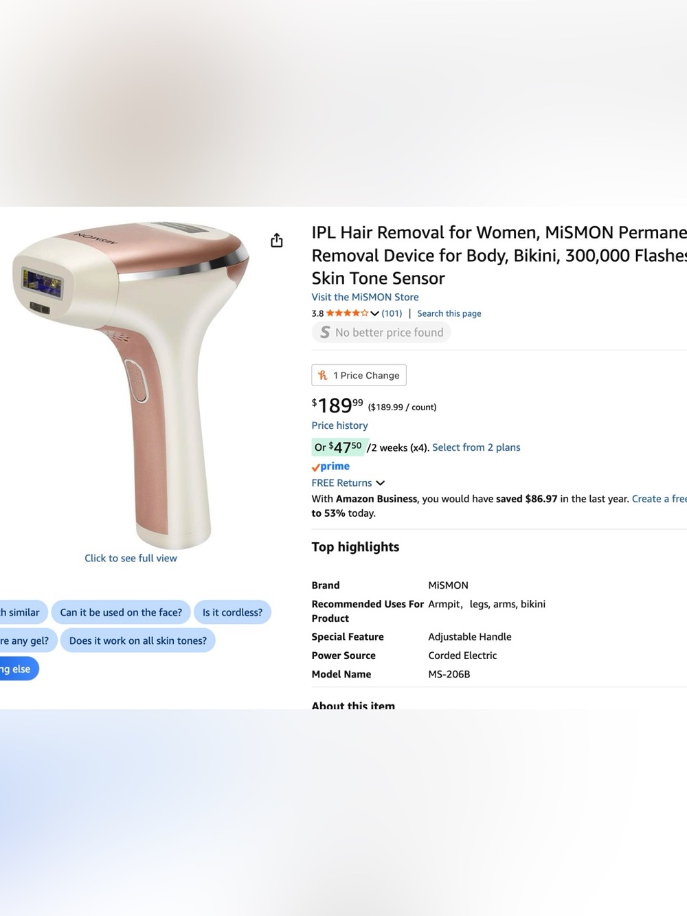 IPL Hair Removal Device MiSMON for Women